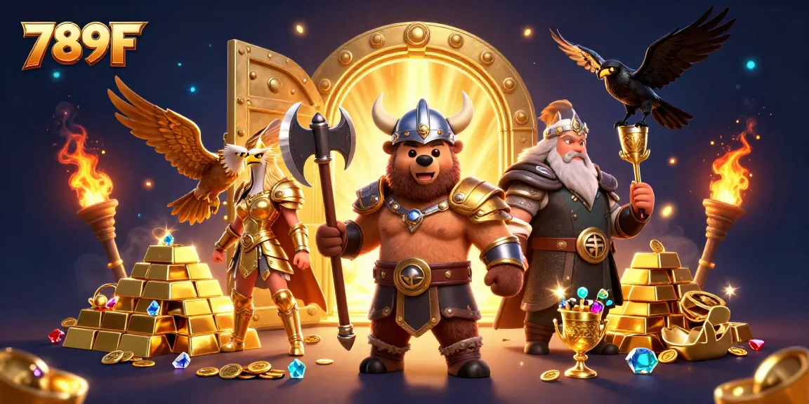 Experience thrilling wins at 789F with a vibrant Viking-themed casino scene filled with treasures.