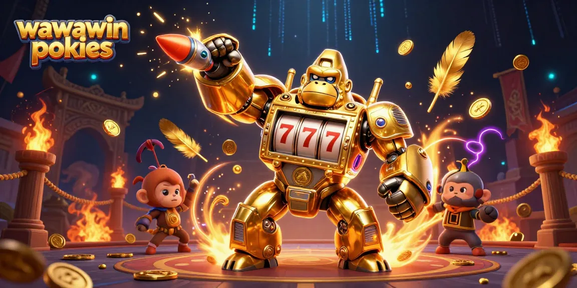 Experience thrilling wawawin pokies with a golden gorilla mech and a vibrant casino scene.
