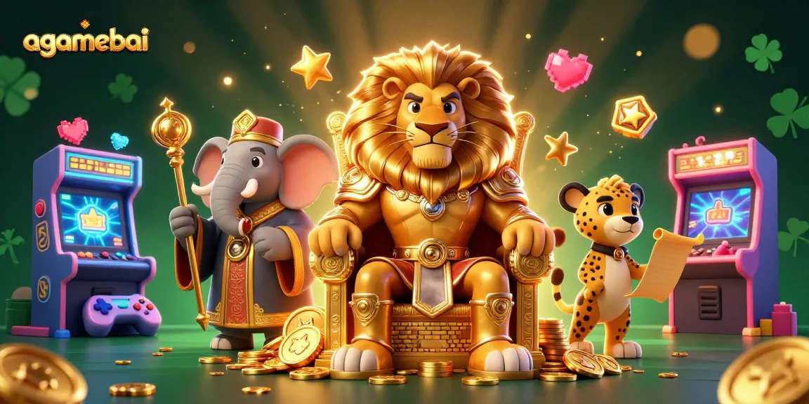 Engage in thrilling gameplay at agamebai with a lion king, wise elephant, and cheetah in a vibrant casino scene.