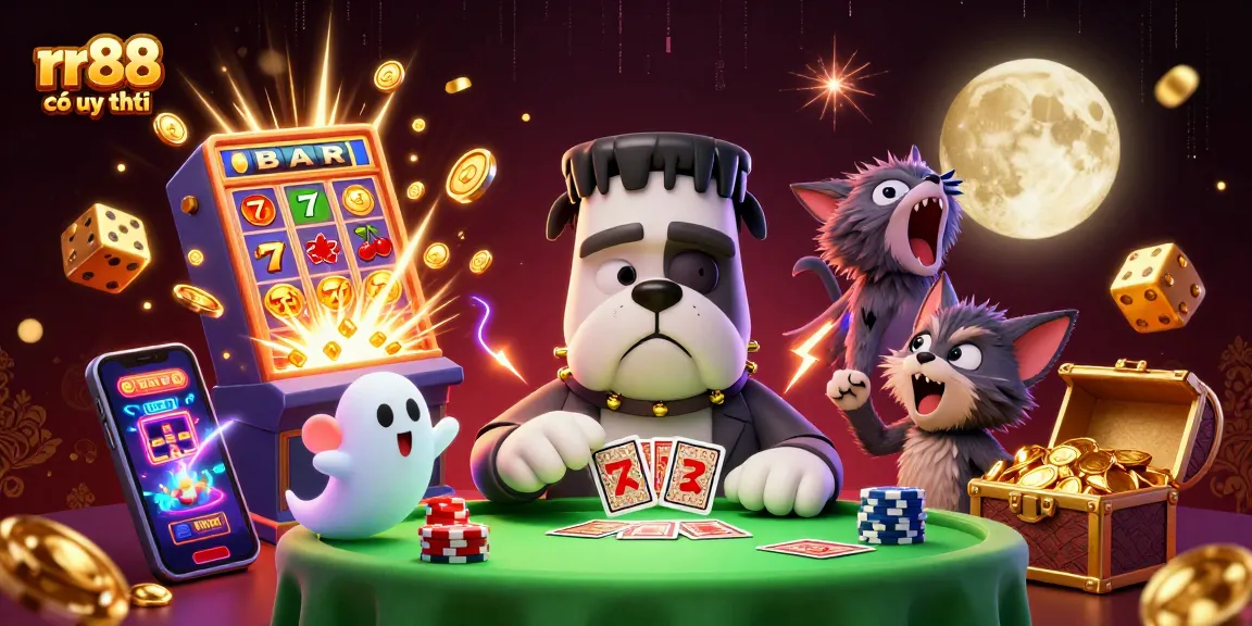 rr88 có uy tín: Experience the thrill of winning with a 3D cartoon gaming scene featuring unique characters and vibrant casino elements.