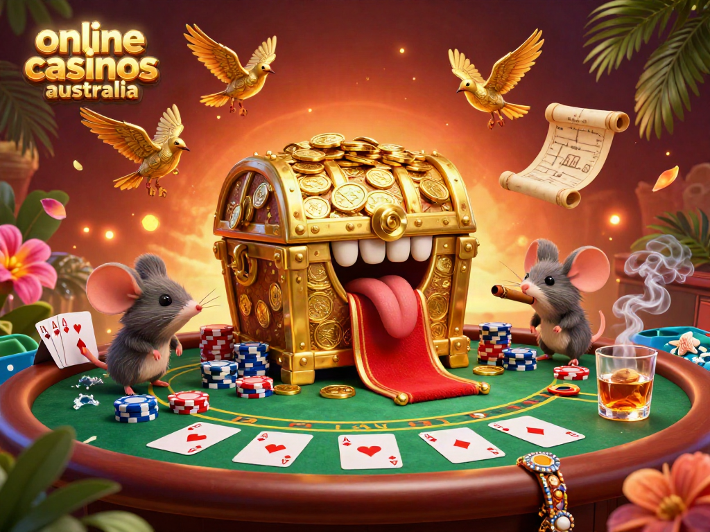 Experience online casinos Australia with a vibrant scene of a golden treasure chest and poker elements.