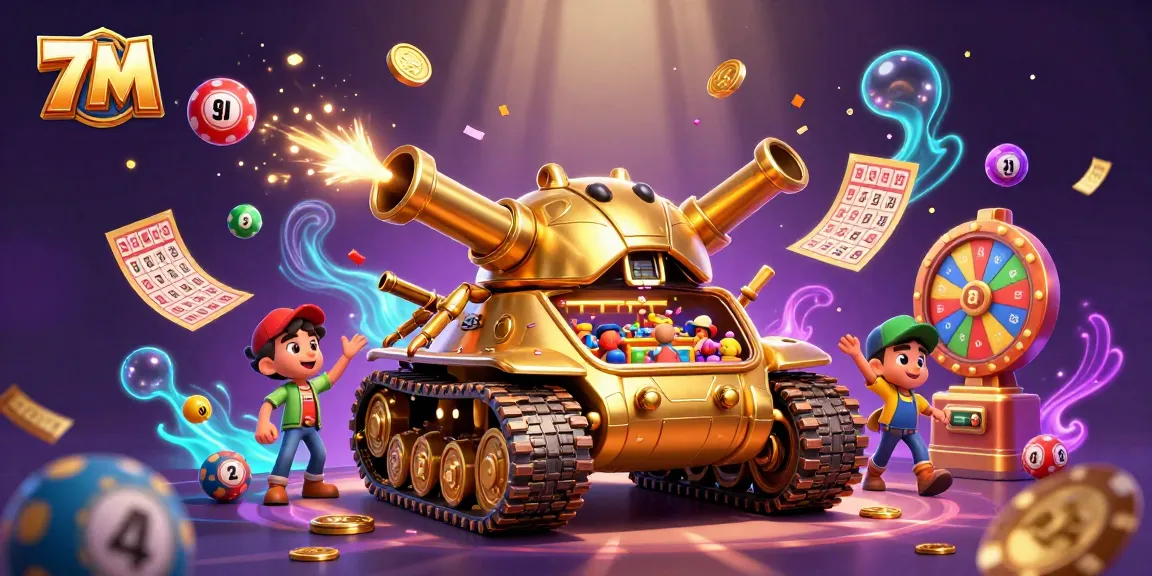 Engage in thrilling gambling action with 7M's colorful casino scene featuring dynamic lottery elements.