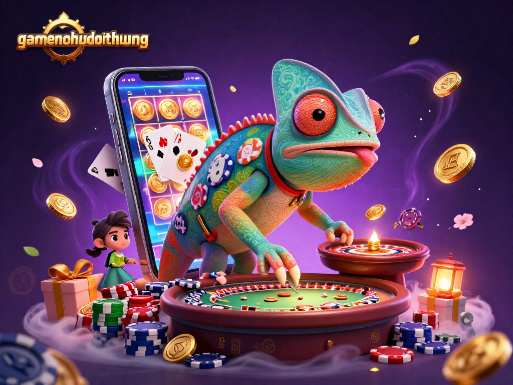Join the fun at gamenohudoithuong with a vibrant casino scene featuring a chameleon owner surrounded by exciting games.