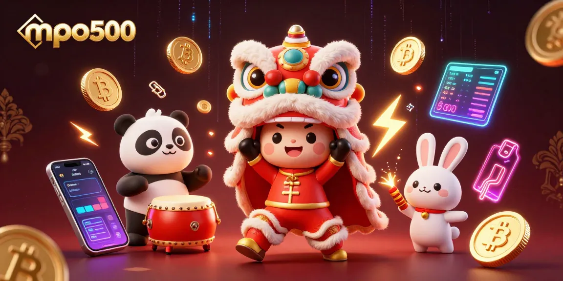 Experience excitement with mpo500 in a vibrant 3D illustration featuring a lion dance and crypto elements.