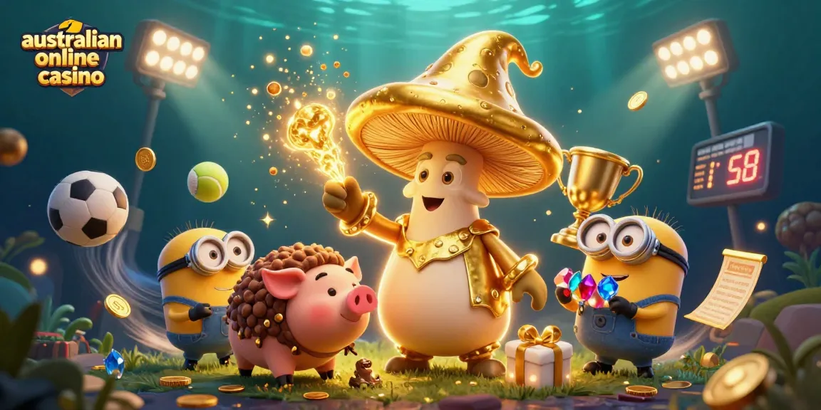 Experience the excitement of australian online casino magic with a golden mushroom wizard and treasure elements.
