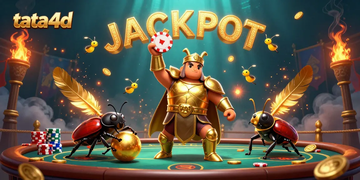 Tata4d players celebrating a big win at a poker table with vibrant 3D illustration of beetle characters.