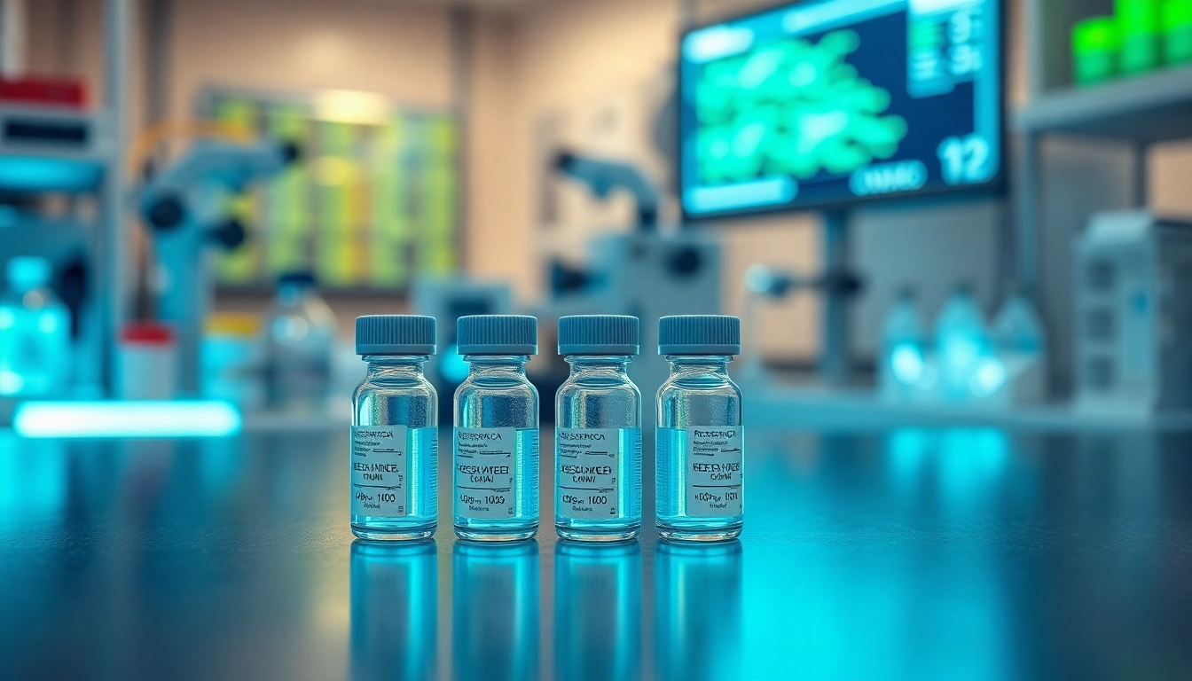 Showcase research peptides like klow in a modern lab setting with vials and data screens.