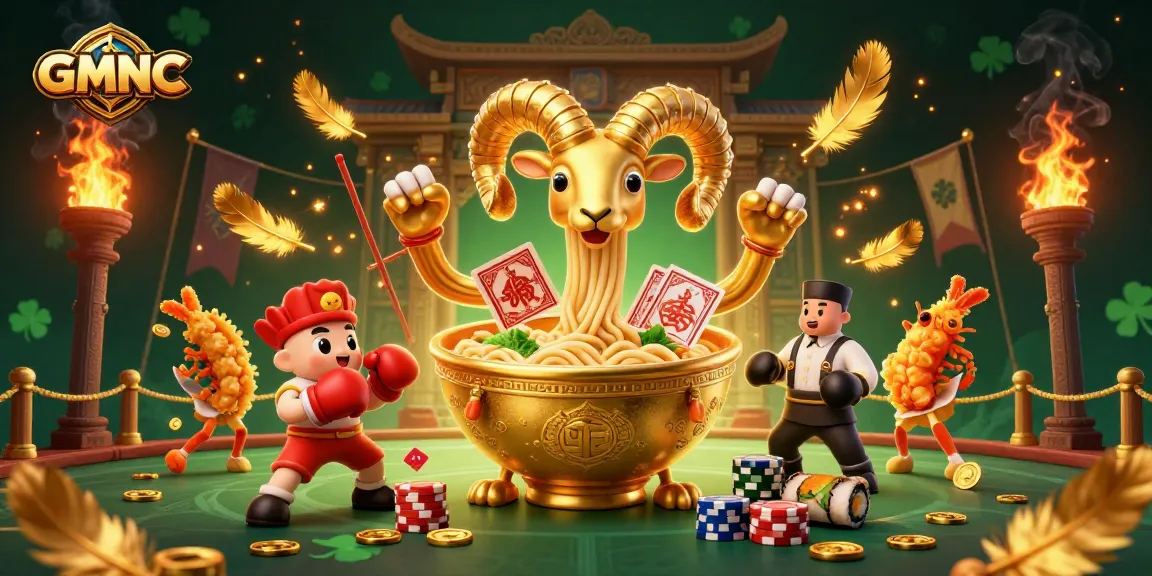 Engage in thrilling gameplay with GMNC as a giant ramen bowl dealer, vibrant atmosphere.