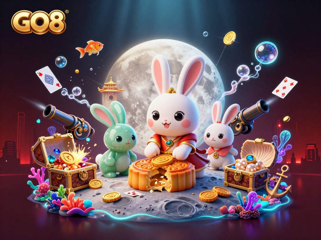 Experience GO8's dynamic gaming scene with a moon rabbit and treasures in a vibrant casino atmosphere.