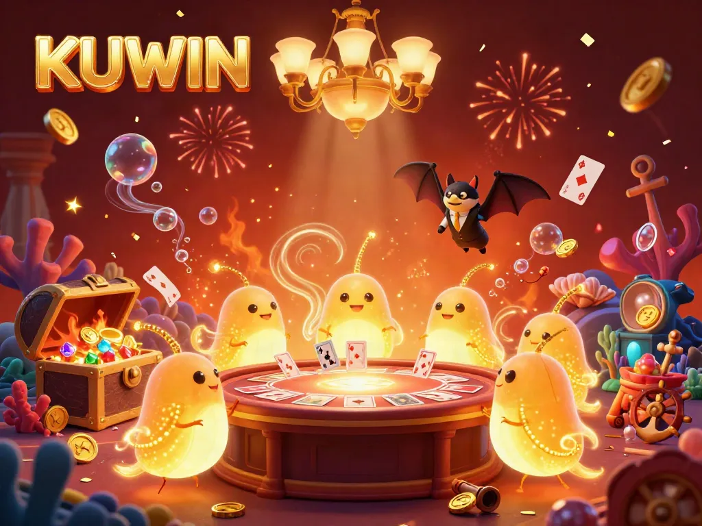 Engage in the lively casino scene with KUWIN as glowworms illuminate the environment featuring gold coins and festive elements.