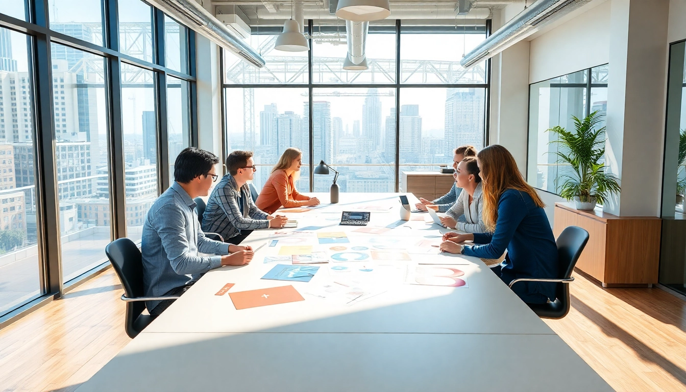 Showcase the vibrant workspace of a branding agency Melbourne with creative professionals collaborating.