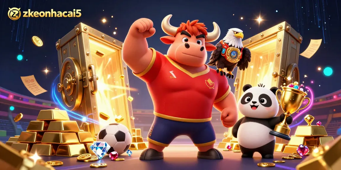 Join the excitement of zkeonhacai5 with a victory pose bull, eagle, and panda amid dazzling casino treasures.