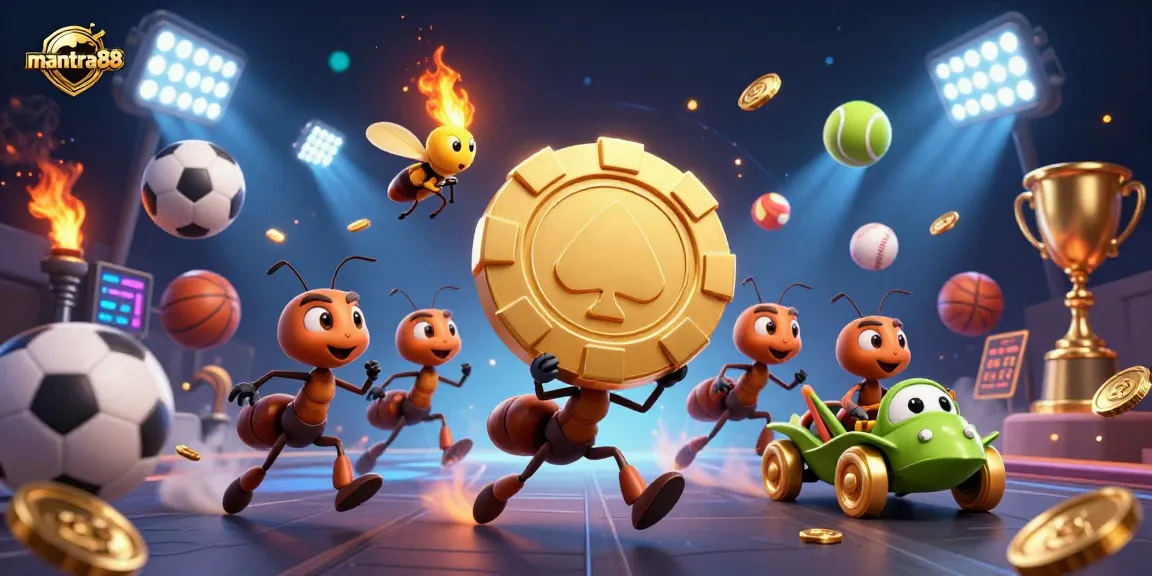 Engage with mantra88's thrilling heist featuring animated ants and dynamic sports elements.