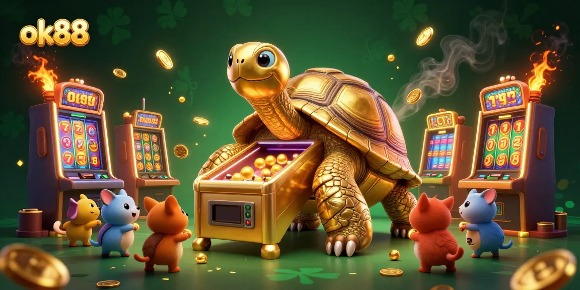 Play exciting slots at ok88 with a vibrant 3D golden tortoise pinball machine illustration.