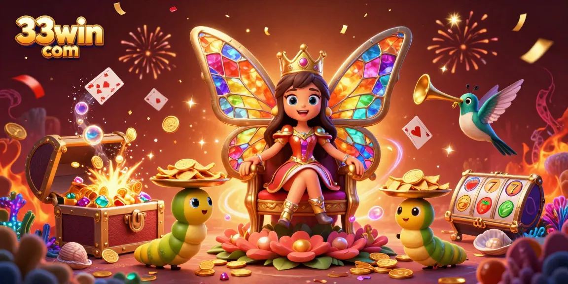 Engage with 33win com's vibrant 3D illustration showcasing a butterfly queen amidst slot reels and celebration elements.