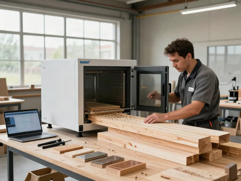 Efficient SHASHEL® microwave treatment process for wood, showcasing advanced technology in a professional workshop.