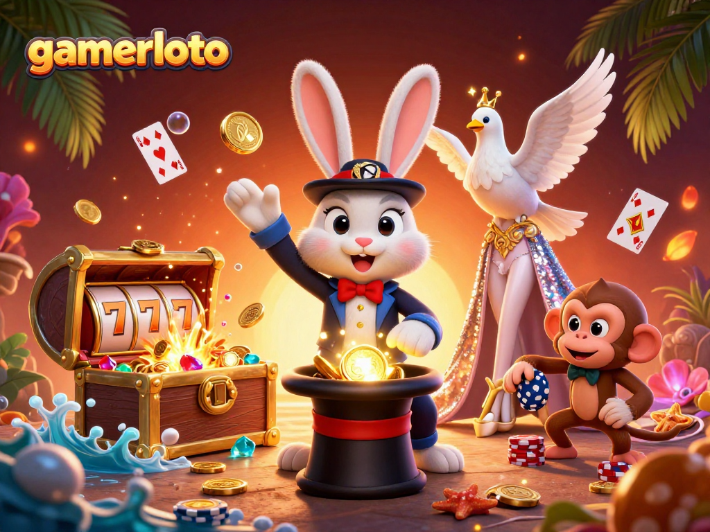 Experience gamerloto's winning moments with a vibrant 3D casino-themed illustration featuring engaging game elements.