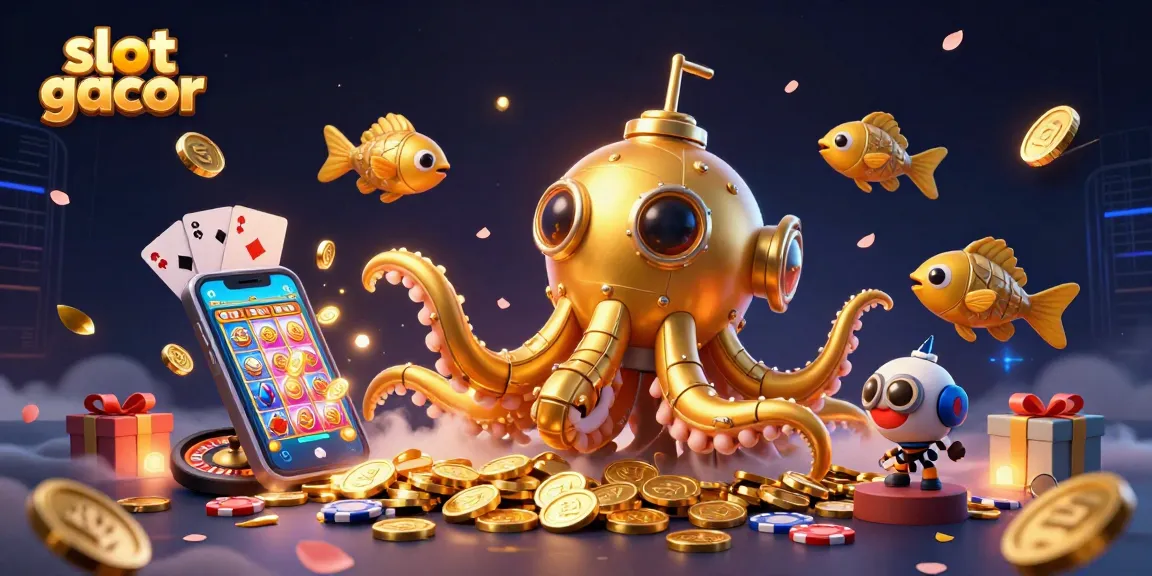 Spin the slot gacor reels with a golden kraken submarine, surrounded by coins and cards.
