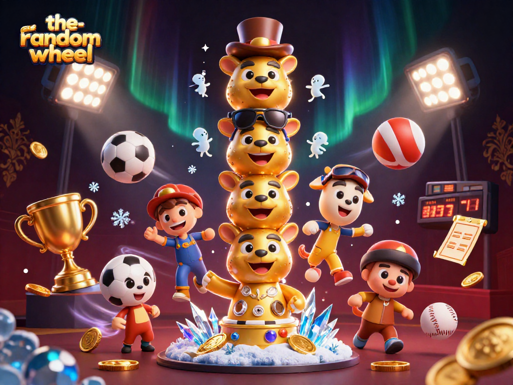Engage with the-random-wheel's vibrant casino fun illustrated by a dynamic golden totem and sports elements.