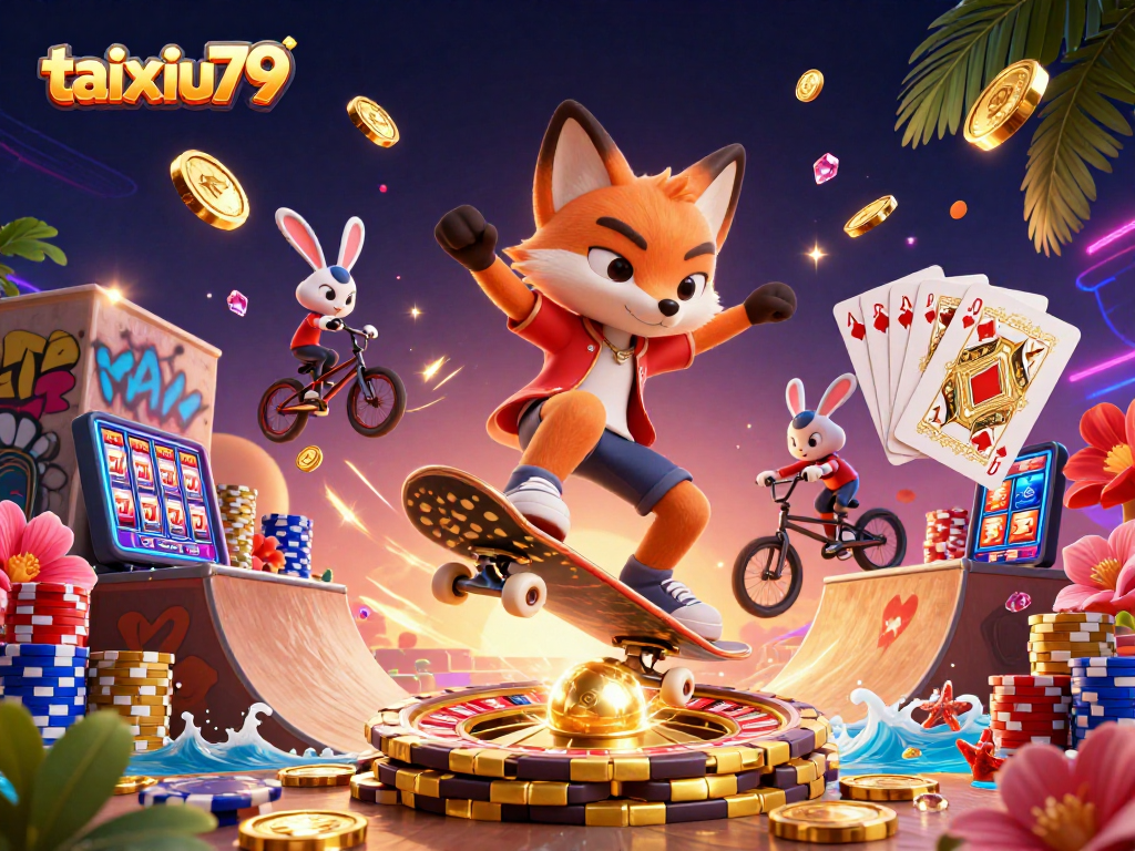 Engage with exciting taixiu79 actions featuring a skateboarder and BMX rabbit amidst casino thrill.