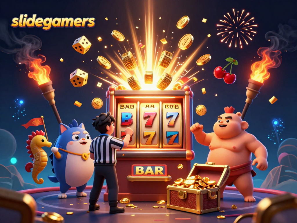 Engage with exciting rewards at slidegamers as the fugu and catfish referee oversee a thrilling jackpot moment.