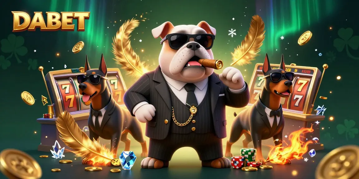 DABET showcases a vibrant 3D illustration of a mafia bulldog and Doberman dancers at a casino, surrounded by exciting game elements.