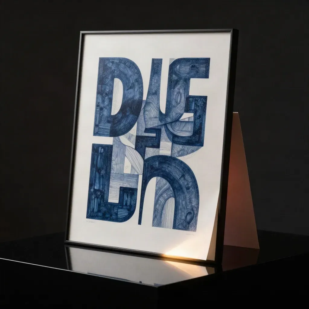 Ink-blue framed type print with folded cards and a sharp glint on a black studio surface.