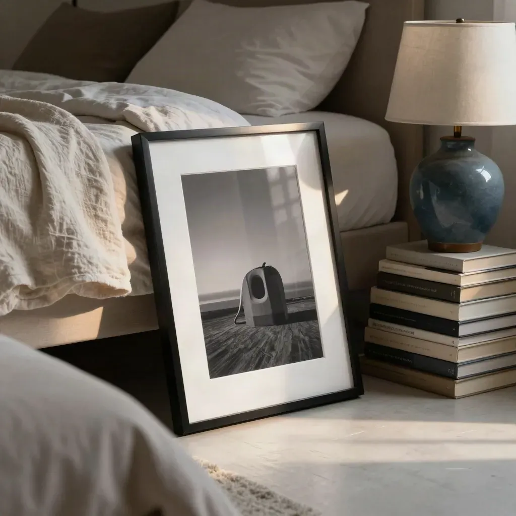 Black-framed print pair by a made bed with linen throw, lamp and books in a warm bedroom nook.