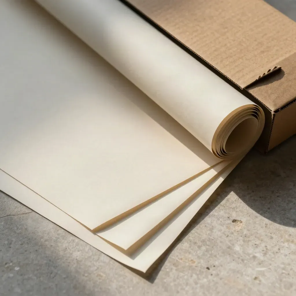 Fanned movie posters, rolled spare, and mailer on pale stone, seen from above.