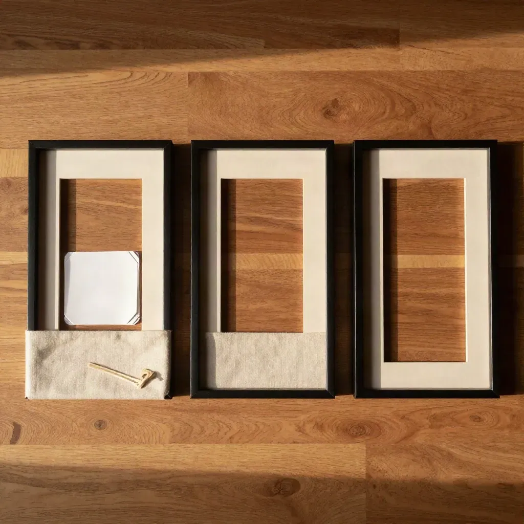 Top-down flatlay of three black picture frames with linen, backing boards, and wrap on warm oak.