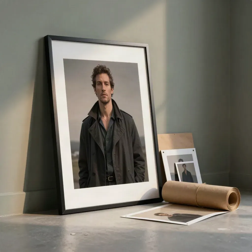 Custom framed poster print with packaging props in a softly lit studio corner.
