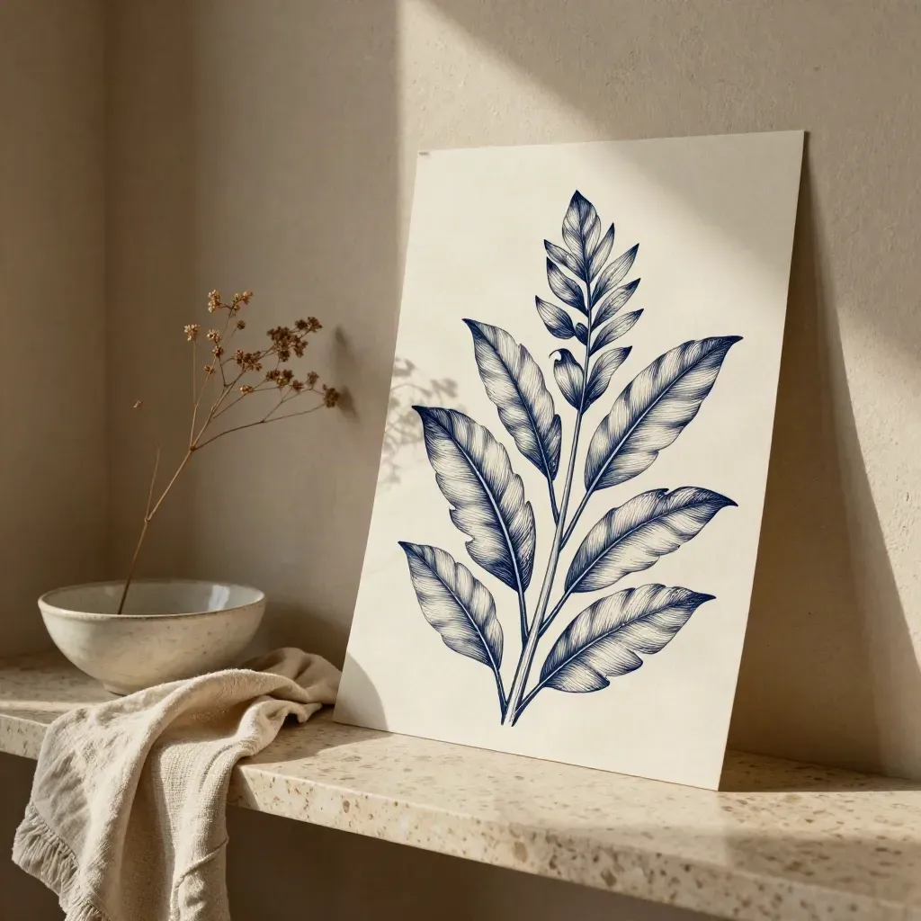 Botanical line print with dried stems, ceramic bowl and linen on a travertine shelf.