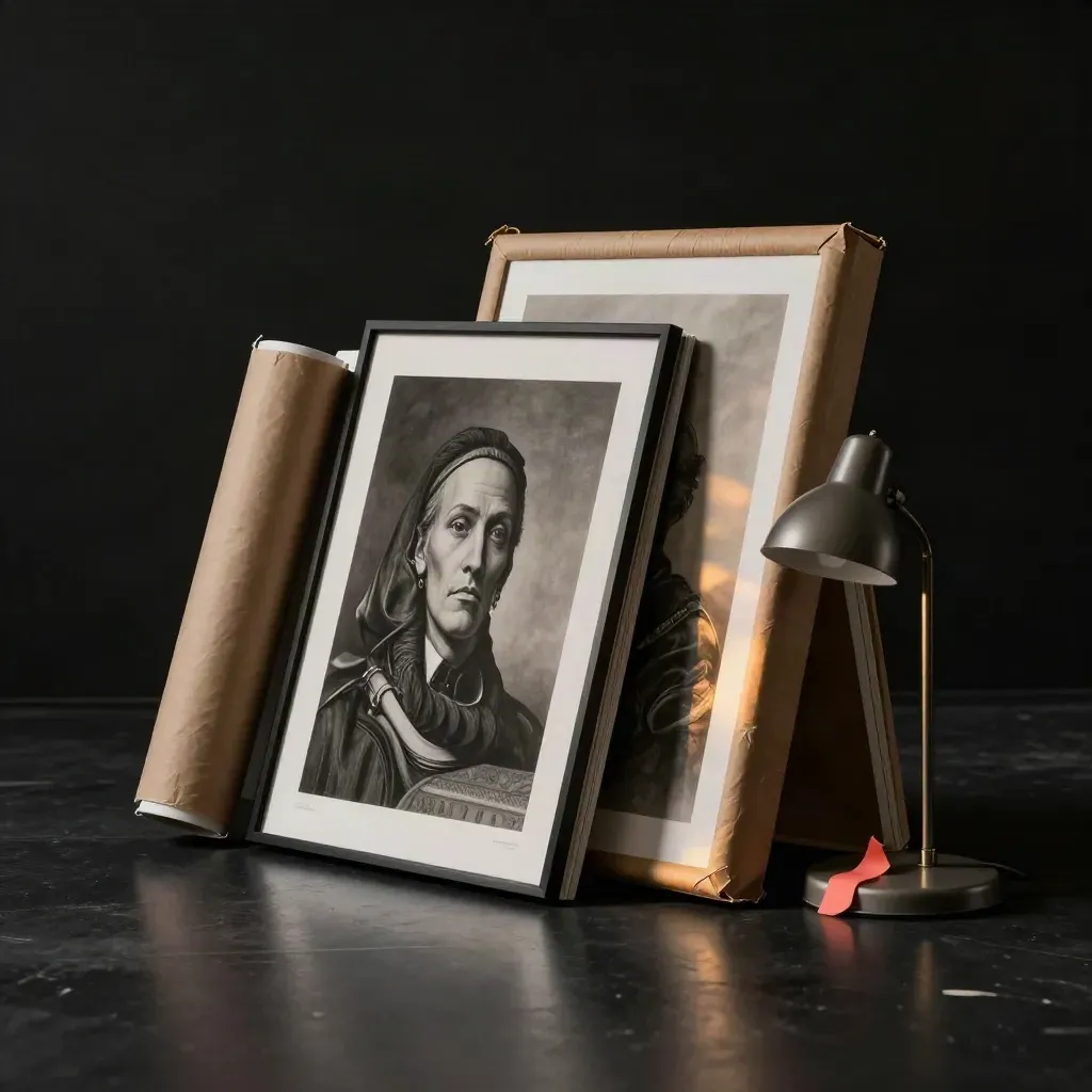 Stacked poster frames, rolled tube, kraft wrap and lamp base on a matte-black studio floor.