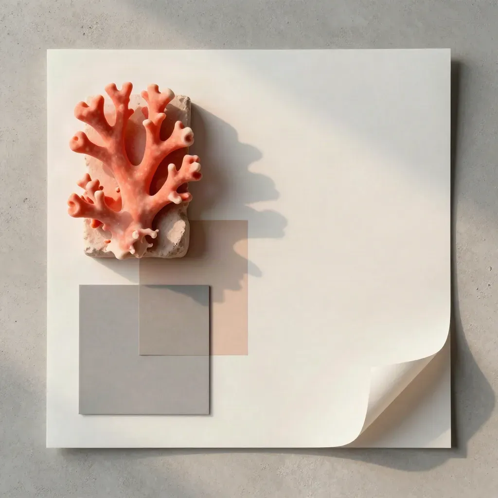 Overhead flatlay of an abstract coral print with swatches on pale concrete.