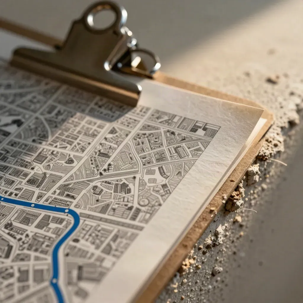 Macro of a city map print’s textured paper, metal clip, and key ring on plaster.