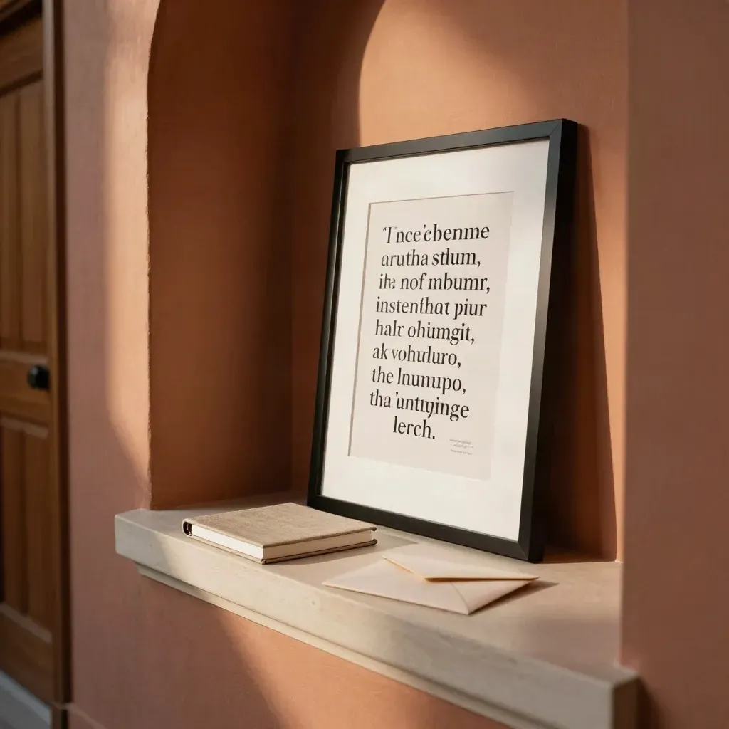 Framed quote poster on a plaster hallway ledge with notebook and folded envelope