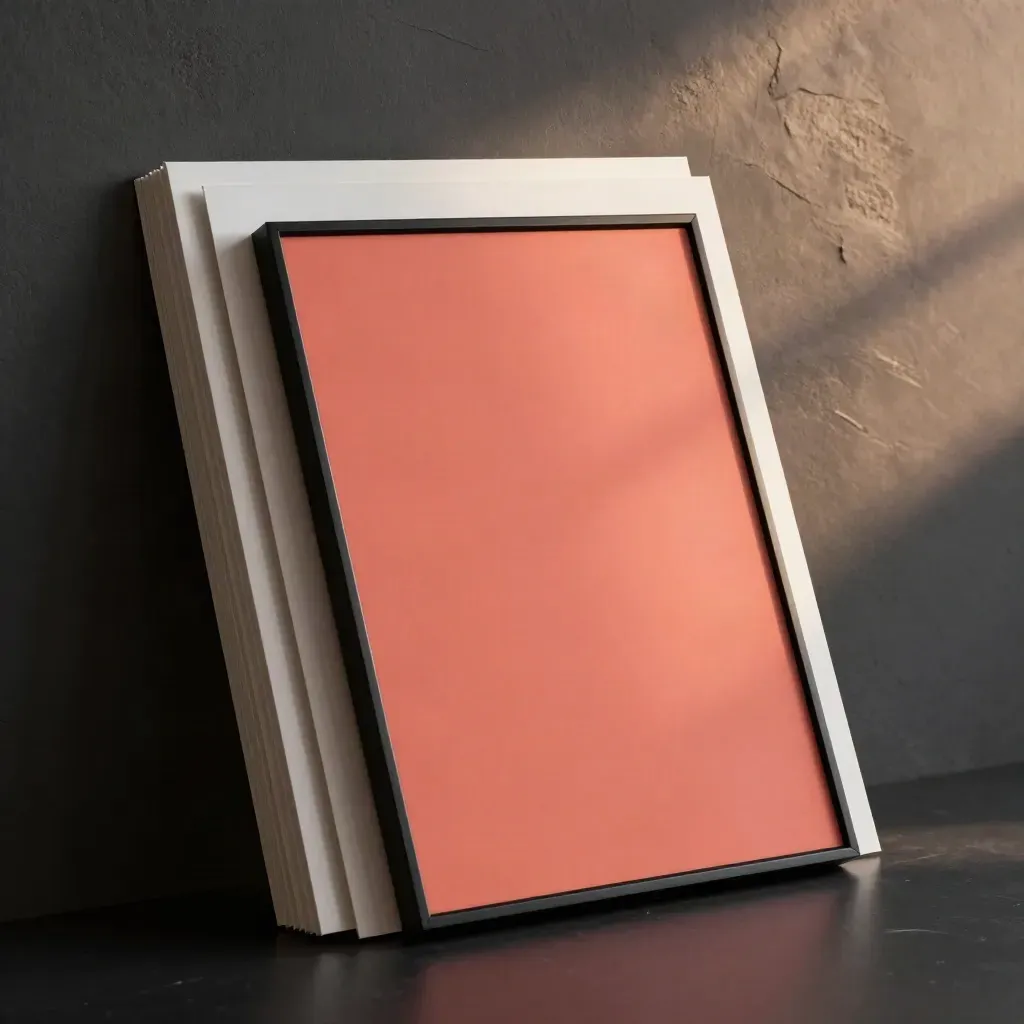 Layered framed posters with a coral print front and center on a dark studio plinth.