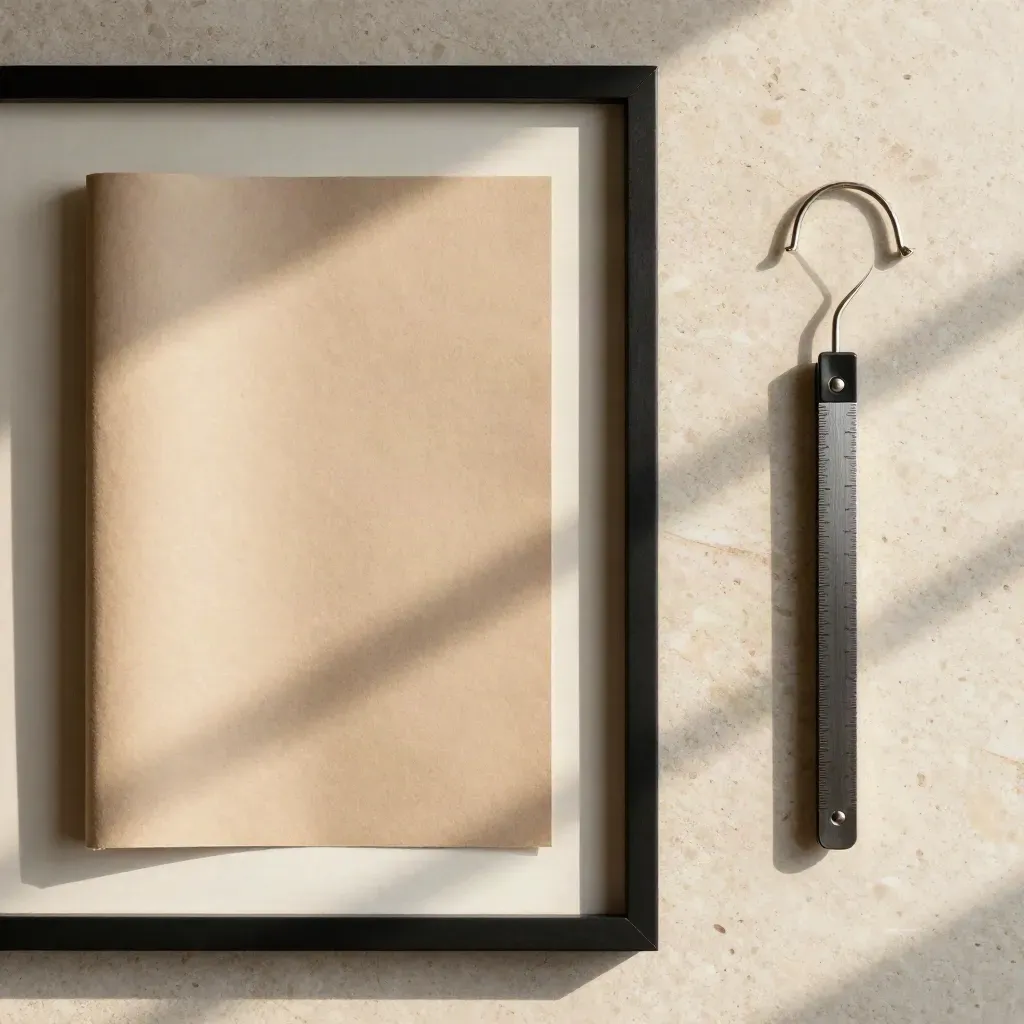 Overhead matte black frame flatlay with backing board, kraft fold, and hanger pack on pale stone.