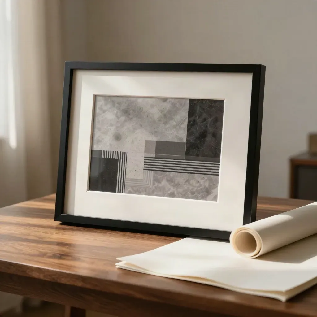 Slim black framed custom quote print with rolled sheet and paper sleeve on a walnut plinth.