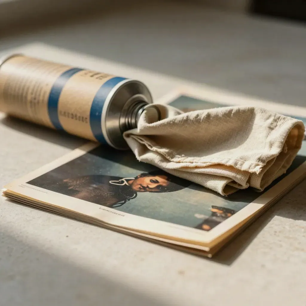 Retro film poster bundle spilling from a kraft tube with cloth wrap on pale stone.