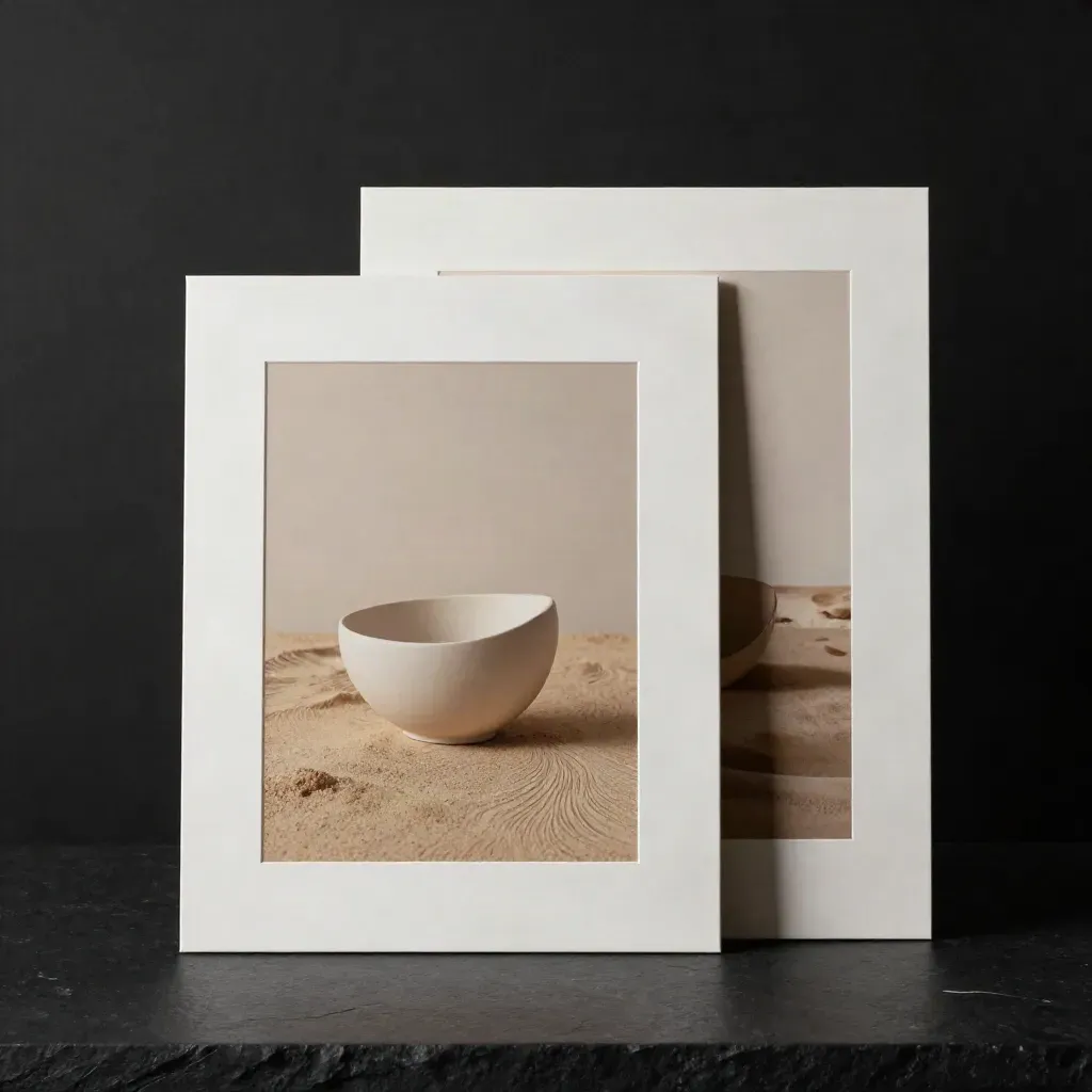 Two soft beige framed prints and a ceramic wedge on a matte-black surface, dramatic studio light.