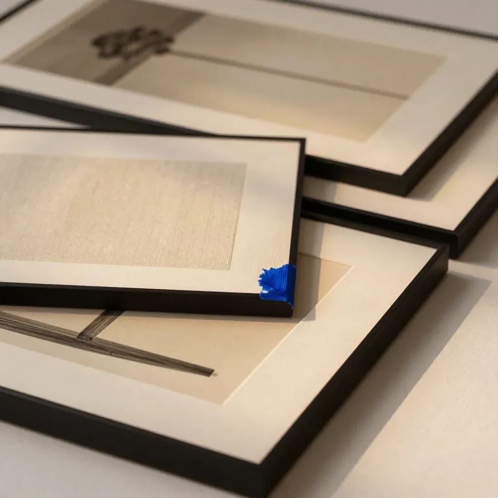 Close macro of four framed prints stacked on a pale plaster floor with a linen runner.