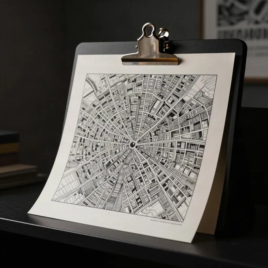 Dim dramatic close-up of a city map print with metal clip and folded backing on matte black.