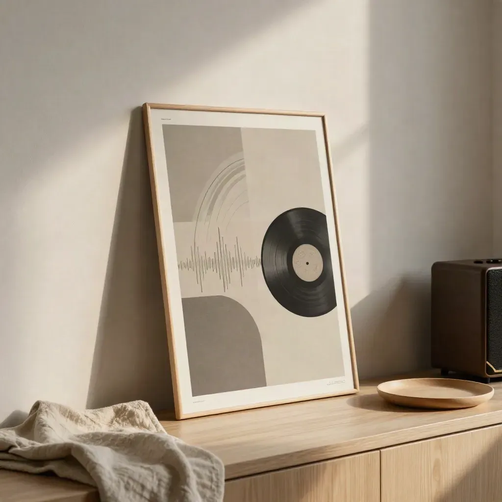Abstract music room poster leaning by a plaster wall, with a blurred vinyl sleeve and small speaker.