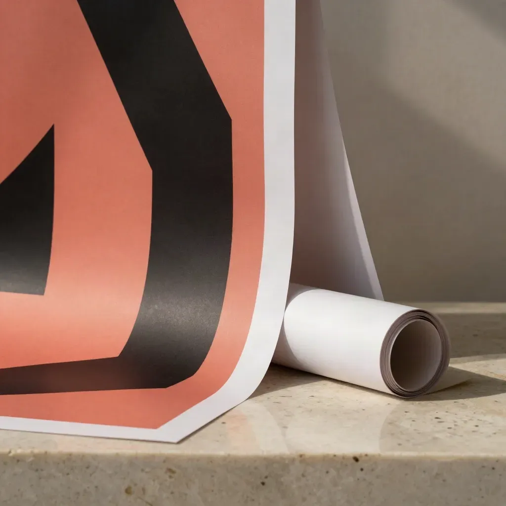 Large color-block poster print with a rolled companion print on a travertine slab.