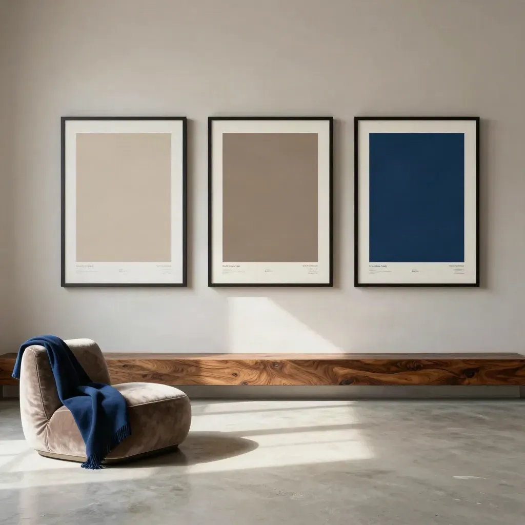 Sunlit loft gallery wall with three framed poster blocks above a concrete floor and velvet chair.