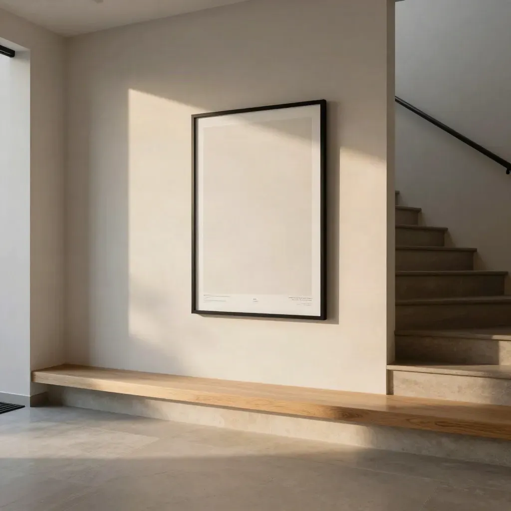 Modern hallway with black framed art above a calm pale landing and stair run in soft evening light