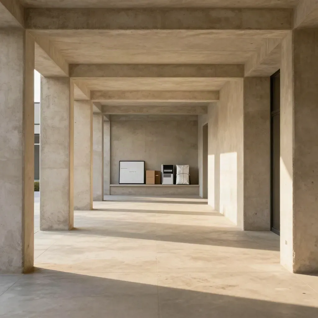 Sunlit concrete arcade with framed poster blocks and calm open space for typography copy.