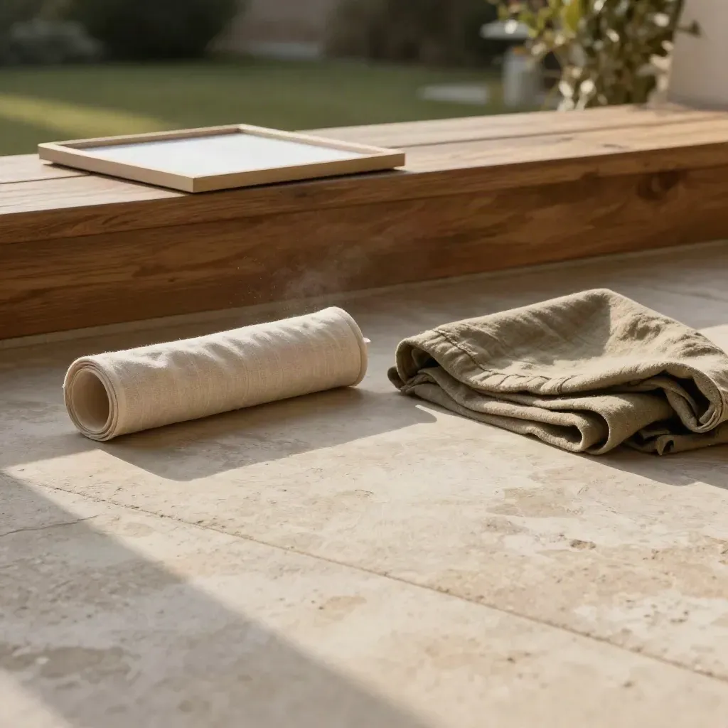 Plaster terrace with rolled poster tube, folded linen and frame edge by a warm wood ledge.