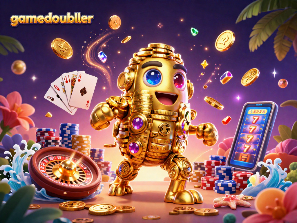 Play thrilling games and win with gamedoubler's cartoon-style golden golem amidst cascading coins.